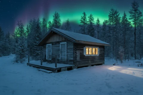 Northern lights above a cozy Lapland cabin on a clear, dark-sky night